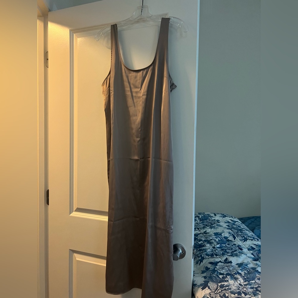NWT Abercrombie & Fitch satin midi dress, size MP, taupe color